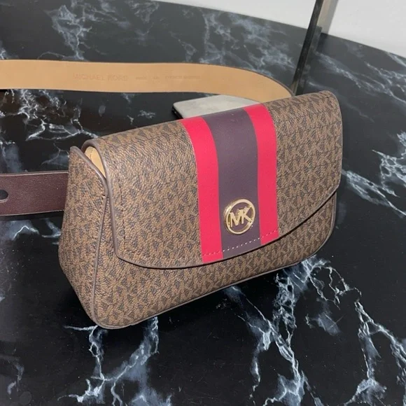 Michael Kors Brown Signature Leather Stripe Waist Fanny Belt Bag S/M - Picture 8 of 13